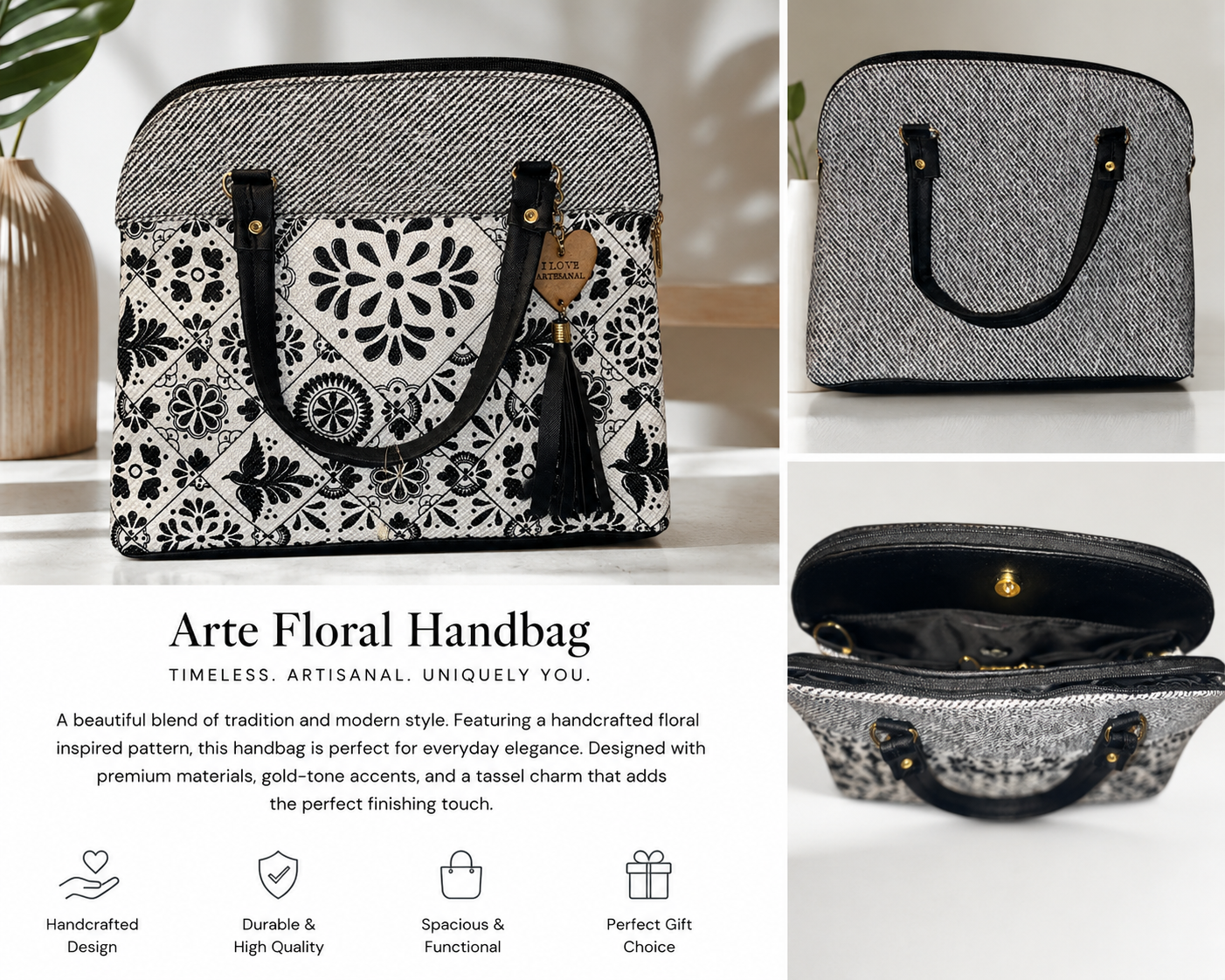 Black & White Floral Handbag
