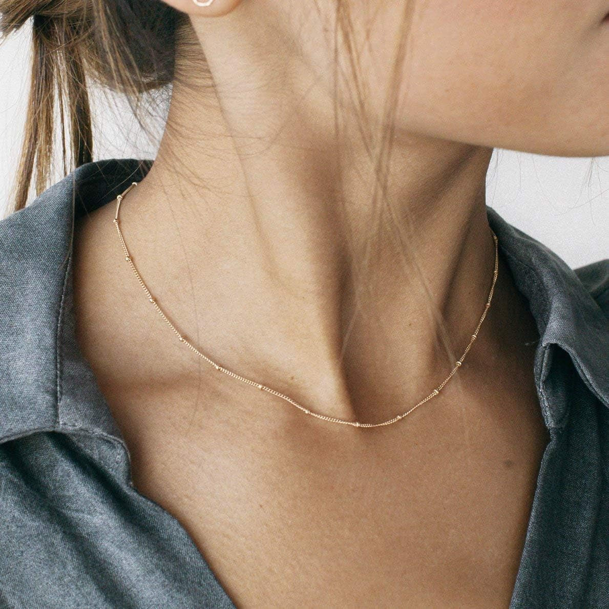 18K Gold Plated Paperclip Chain Choker Satellite Chain Freshwater Cultured Biwa Pearl Pendant Necklace Dainty Turquoise Jewelry for Women
