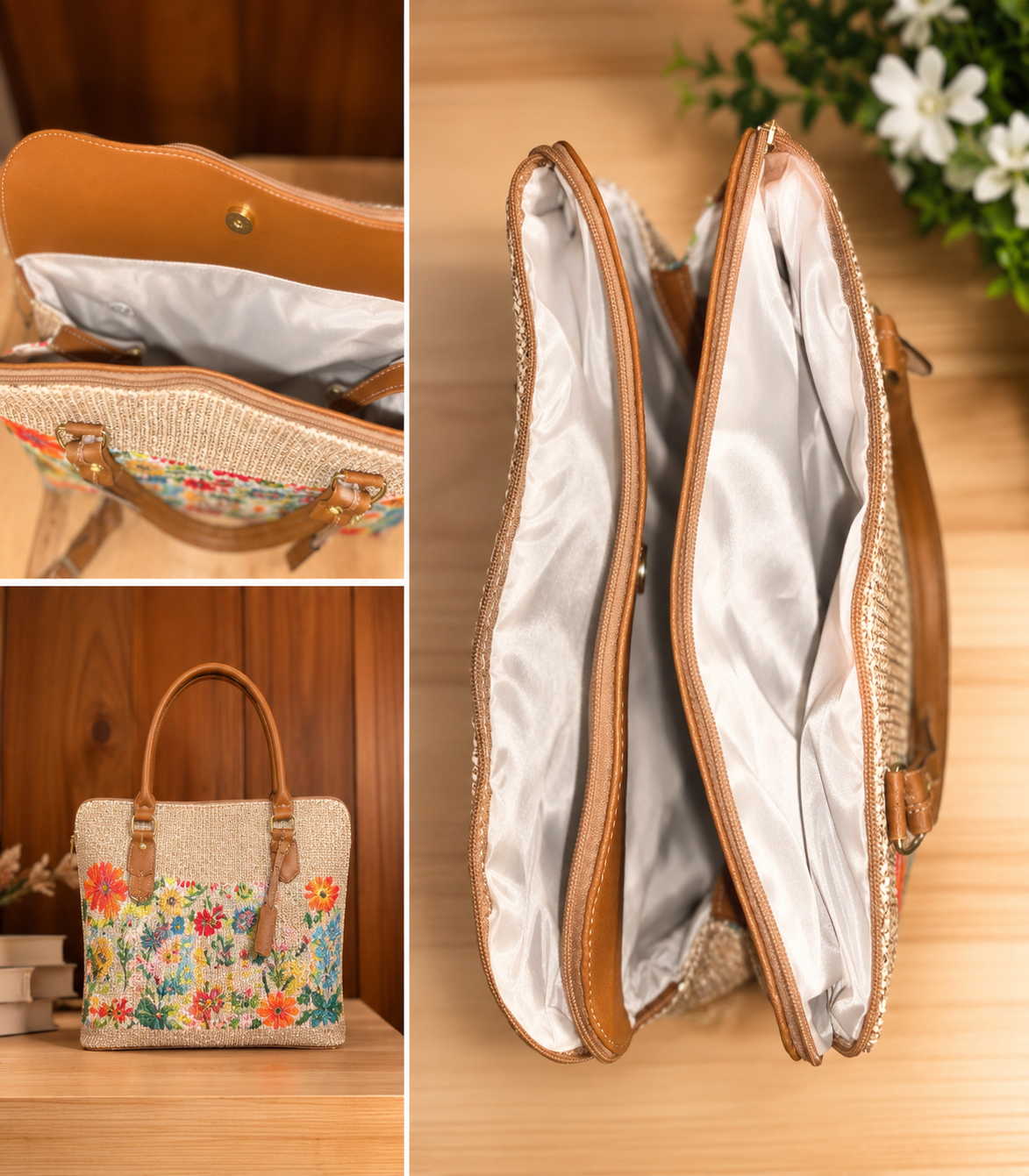 Beige Embossed Floral Tote